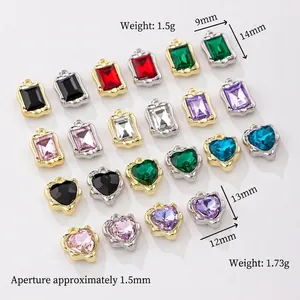 Colorful zircon heart and rectangle pendants in gold and silver settings for DIY jewelry