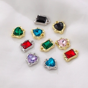 Colorful heart and square crystal charms with alloy loops for DIY jewelry making