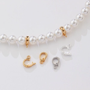Golden and silver pinch bails for pearl necklaces and DIY jewelry making accessories