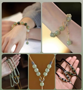 Detail of green glass abacus beads showing texture and metal petal toggle on a bracelet