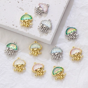 Iridescent jellyfish pendants with gold and silver frames for DIY jewelry and necklaces