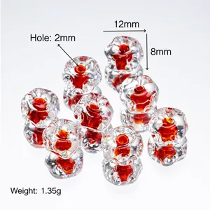 Cuenta de vidrio de 12mm con núcleo floral rojo y textura ondulada para joyería DIY