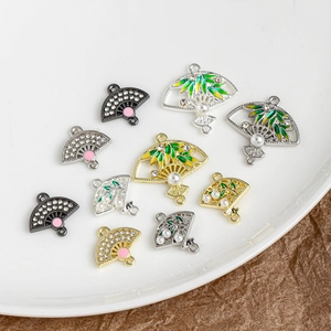 Bamboo leaf fan pendants in gold and silver alloy with enamel and pearls for DIY jewelry