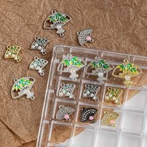 Bamboo leaf fan alloy charms with pearls and rhinestones for DIY jewelry making