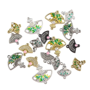 Chinese style alloy bamboo leaf fan pendants in gold, silver and black for DIY jewelry