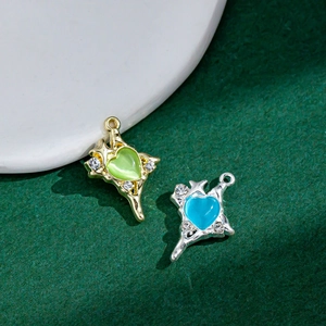 Gold and silver heart cross pendants with emerald and blue resin for DIY jewelry making