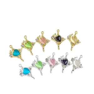 Cross-shaped heart alloy pendants with cat-eye stones and zircon for DIY jewelry making