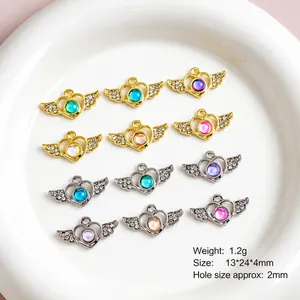 Exquisite alloy heart wing pendant with colorful resin stone and fine rhinestones