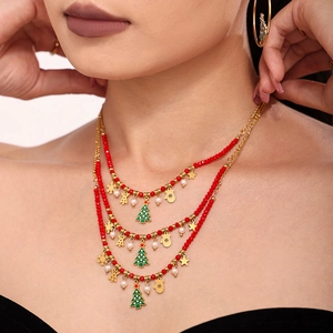 Three-layer Christmas necklace with green enamel tree pendants and red beads for women
