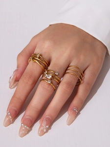 Detail of 18k gold plated stainless steel ring set featuring sparkling 5A zircon accents