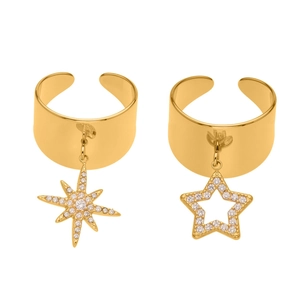 18k gold plated wide stainless steel ring with zircon star and sunburst charms