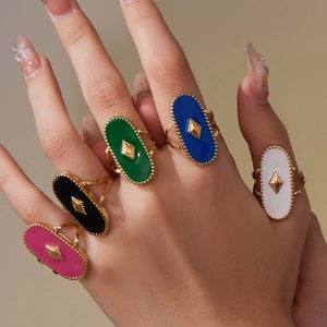 Ensemble de bagues doubles ovales en émail multicolore rétro en acier plaqué or 18k