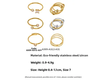 Detail view showing six diverse styles of 18k gold plated stainless steel zircon rings