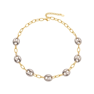 Two-tone stainless steel mixed link necklace with gold oval and silver coffee bean rings