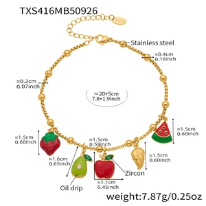 Detailed view of stainless steel fruit charm bracelet with dimensions and material specs
