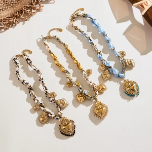 Set Gioielli Cuore Acciaio Inossidabile Donna Vintage Bohemian Sciarpa Seta Avvolto Collana Bracciale Pietra Naturale
