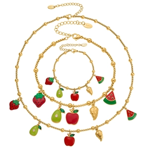 Golden stainless steel jewelry set with colorful fruit charms and zircon accents