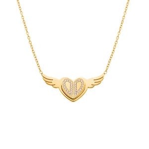 Goldene Edelstahlkette mit Engelsflügeln und Herzanhänger mit Zirkonia-Besatz