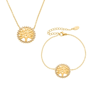 Parure arbre de vie dorée avec cristaux sur collier et bracelet en acier inoxydable
