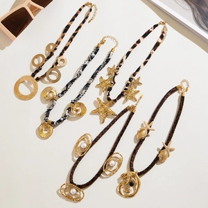 Five-piece stainless steel leopard print scarf necklaces with golden star pendants