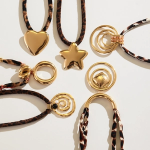 Leopard print silk scarf scrunchies with golden heart and geometric metal charms