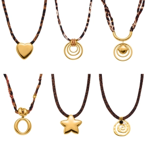 Set of gold-plated geometric necklaces with leopard print silk scarf cords and charms