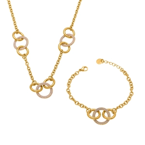 Parure de bijoux en acier inoxydable avec anneaux dorés entrelacés et pierres de zircon