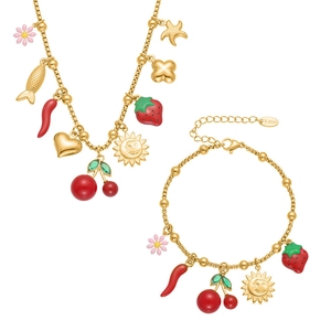 Parure de bijoux en acier doré avec pendentifs en émail coloré, collier et bracelet