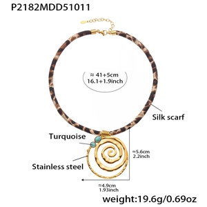 Leopard print silk scarf necklace with stainless steel spiral pendant and turquoise