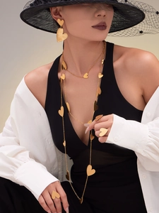 Detailed view of 18k gold plated heart jewelry set with necklace and earrings on a model