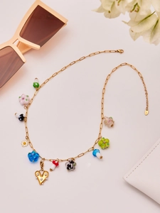 Gold-plated stainless steel necklace with colorful mushroom and heart pendants