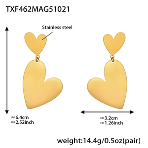 Detailed size specifications for gold double heart stainless steel dangle earrings