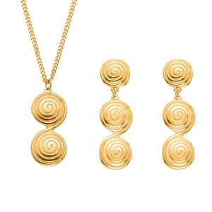 Golden jewelry set featuring spiral textured round pendant necklace and matching earrings