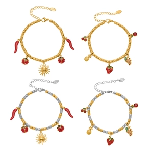 Set of 18k gold plated stainless steel bead bracelets with mixed fruit and sun charms