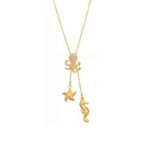 Gold plated stainless steel octopus necklace with starfish and seahorse pendants