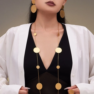 Modern Stainless Steel Geometric Round Disc Jewelry Set For Women 18k Gold Plated Long Necklace Dangle Earrings Statement Ring