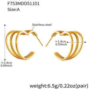 Detail view of 18k gold plated stainless steel triple heart earrings with dimensions