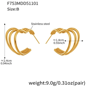 Detail showing dimensions 2.4cm by 1.4cm of triple layered gold heart stud earrings
