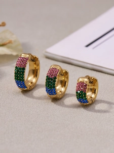 Three sizes of 18k gold plated hoop earrings with pink green and blue cubic zirconia details