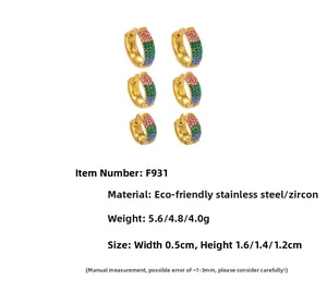 Three sizes of stainless steel hoop earrings with pink, green, and blue zircons