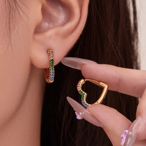 18k gold plated stainless steel heart hoop earrings with colorful zircon stones