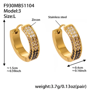 Detailed view of U-shaped gold earrings with colorful cubic zirconia and size dimensions