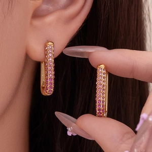 Stainless Steel Rectangular Hoop Earrings For Women 18K Gold Plated Colorful Zirconia Inlaid U Shaped Huggie Earrings Jewelry Gift