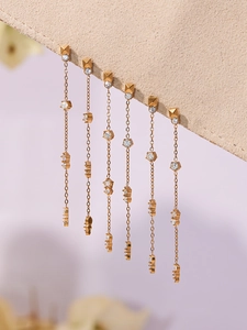 Détail de boucles d'oreilles pompon en plaqué or 18k avec zircones sur présentoir