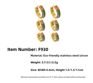 Size chart for 18k gold plated hoop earrings with pink green and blue cubic zirconia