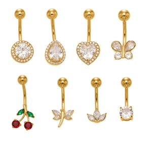 Set of 8 gold-plated belly rings featuring crystal heart, butterfly, and floral designs