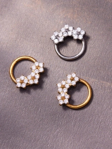 Detailed view of titanium nose rings with 5A zircon inlay in gold and silver finish