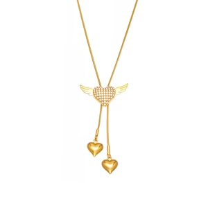 Exquisite gold heart wing necklace with zircon micro-paving and adjustable tassel chain