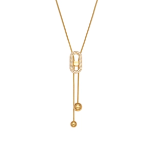 Collier en Y plaqué or 18 carats avec pierres en zircone 5A et perles métalliques coulissantes