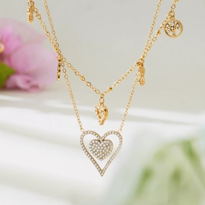 Double layer 18k gold plated necklace with zircon heart tree and infinity pendants